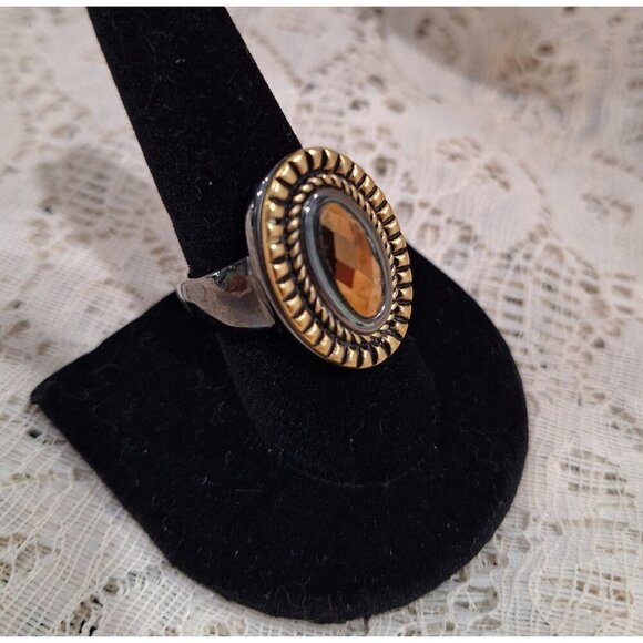 Lia Sophia Silver & Gold Tone Oval Statement Ring With Faceted Amber Stone - Picture 2 of 5